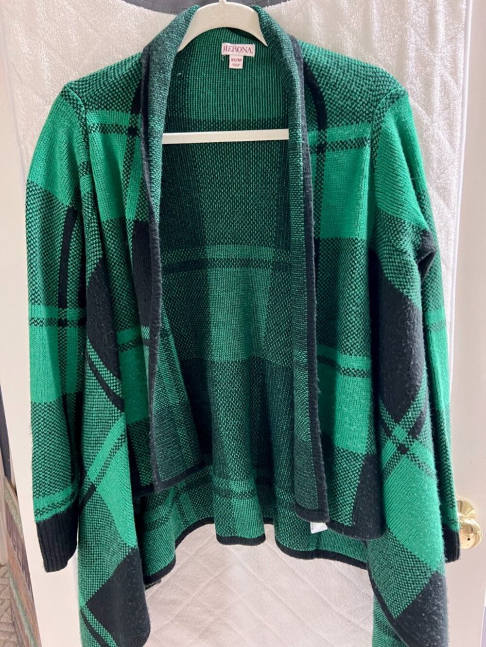 Merona Green Black Plaid Open Front Cardigan Sweater XS/TP